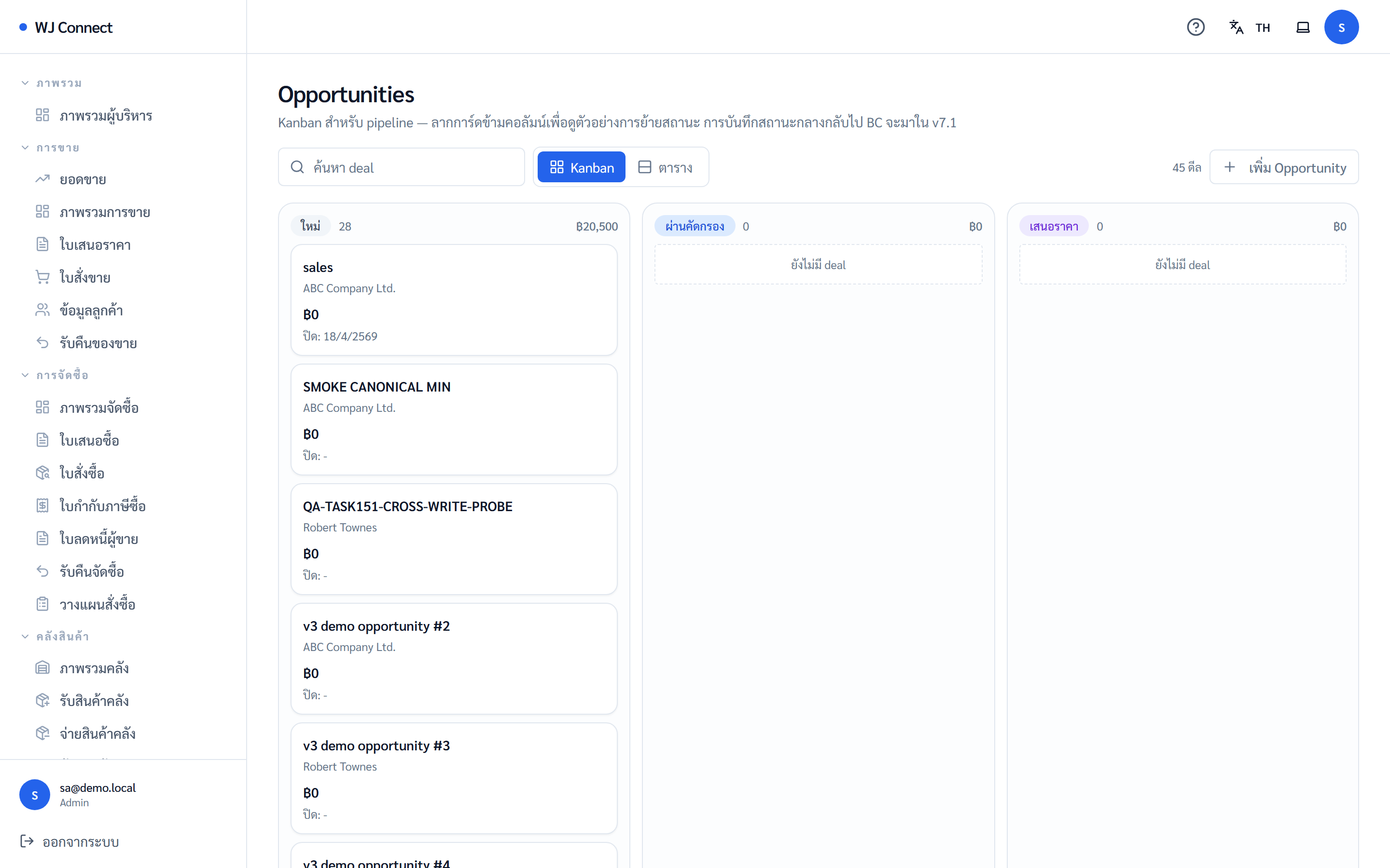 หน้าโอกาสขาย (opportunities) ของ WJ Connect CRM (ข้อมูลตัวอย่าง)